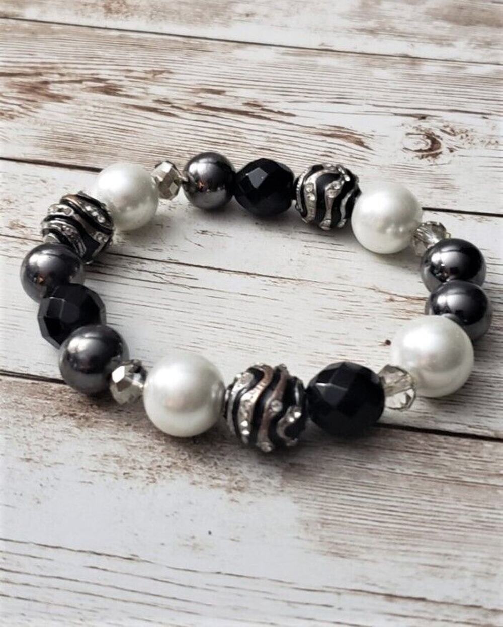 Vintage Stretch Bracelet / Bangle - Black, Silver Tone, Pearlescent White